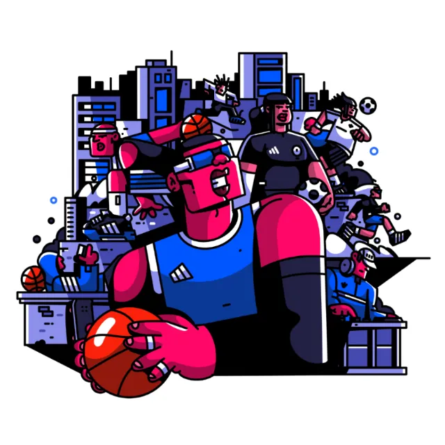 Colorful Adidas sports-themed illustration with basketball and soccer players, urban skyline backgro