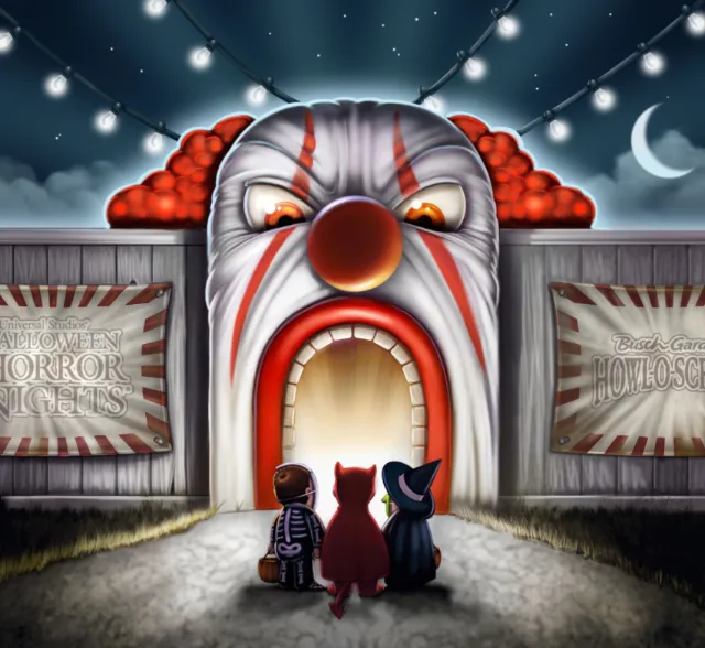 Three children approach a glowing clown funhouse entrance at night, artist Ron Borresen