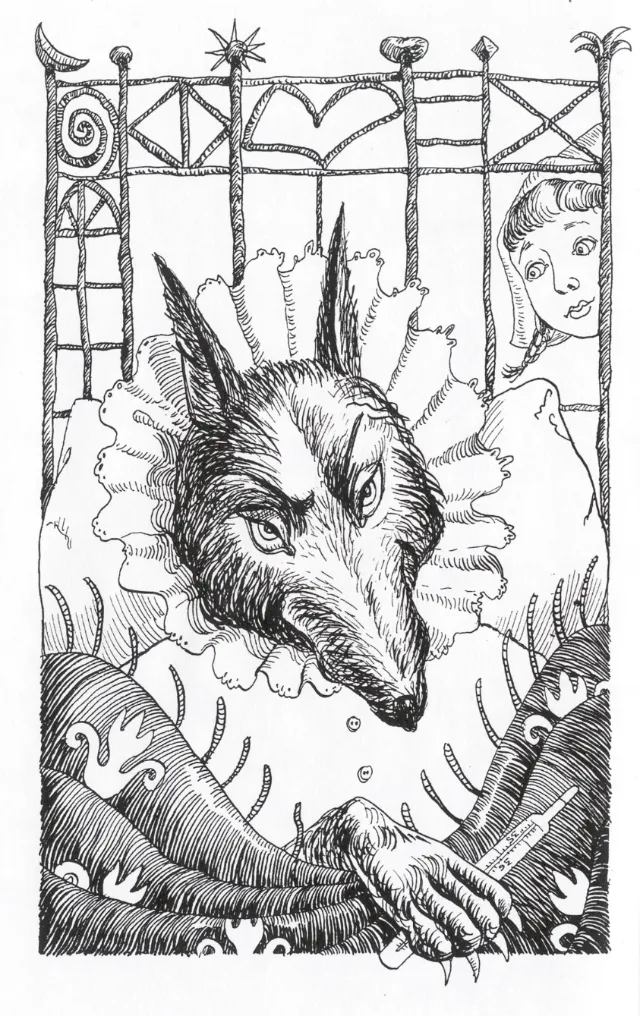 Black and white illustration of Little Red Riding Hood and wolf disguised as grandma by Victoria Fom