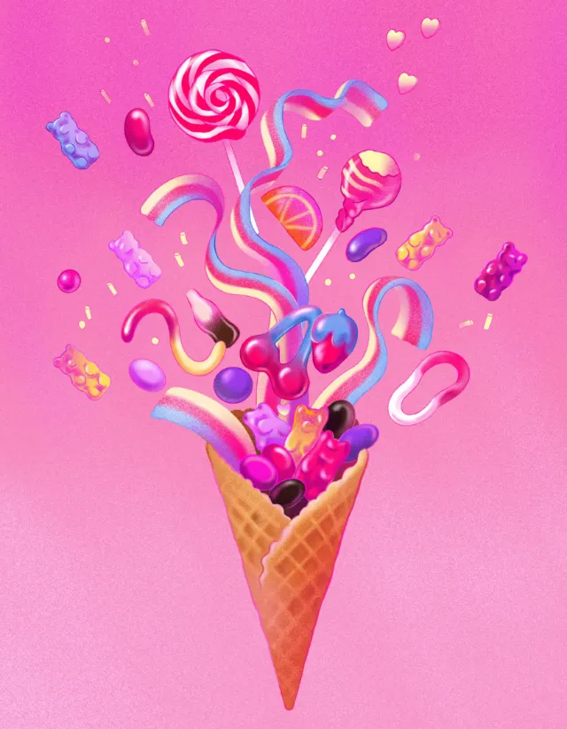 Ice cream cone bursting with colorful candies and sweets by Julia Prokhotskaya