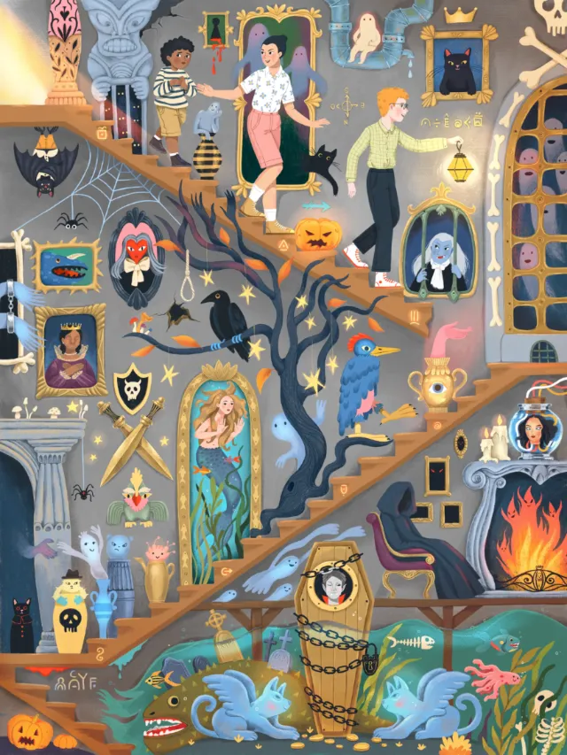 Halloween party scene in haunted mansion with ghosts, pumpkins, and costumes by Tatsiana Burgaud