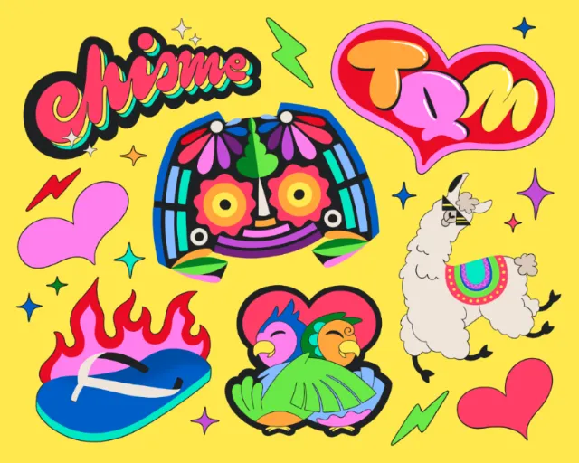 Custom Latino culture Discord icons including chisme, TQM, and llama by Mel Cerri