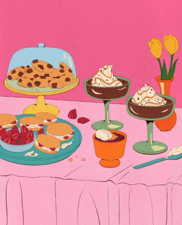 Illustrated desserts and cookies on table with pink background by Debs Lim