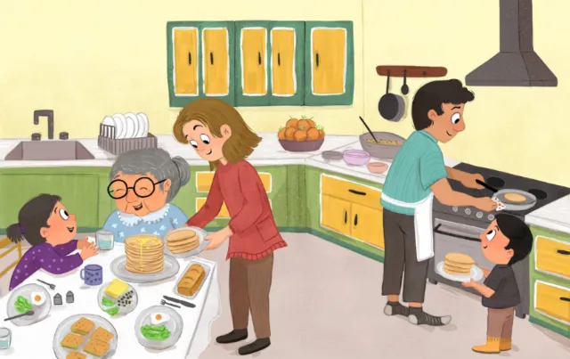 Family cooking breakfast together in kitchen by Dalia Awad