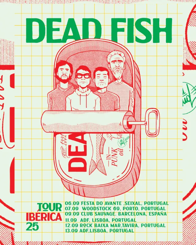 Dead Fish band members illustrated on sardine can, tour dates listed, artist Wagner Loud