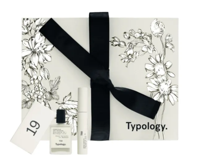 Typology skincare gift set with floral drawing and black ribbon by Elly Azizian