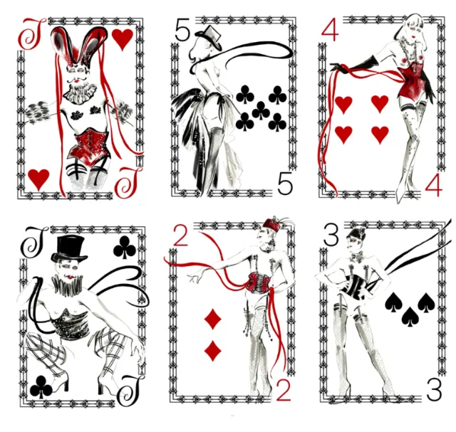 Vintage women illustrated on playing cards with hearts, clubs, diamonds, and spades by Elly Azizian