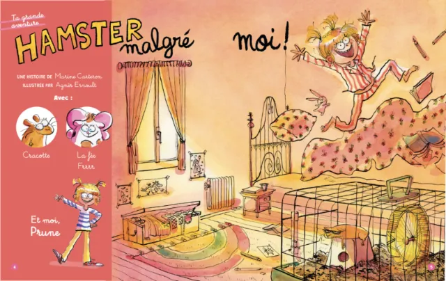 Colorful illustration of a girl and hamster in a bedroom by Agnès Ernoult