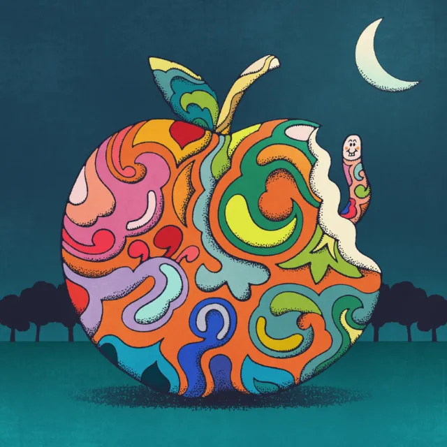 Psychedelic apple with vibrant patterns and smiling worm by Lively Scout