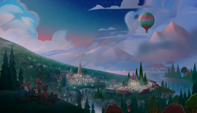 Night landscape with town and hot air balloon by Tom Bonson
