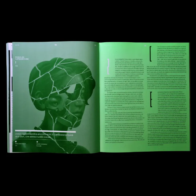Magazine spread showing green human head silhouette with leaf pattern and text by Andrei Nicolescu