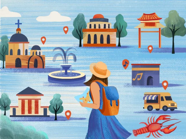 A woman with a backpack and hat looking at a map near world landmarks by Li Zhang