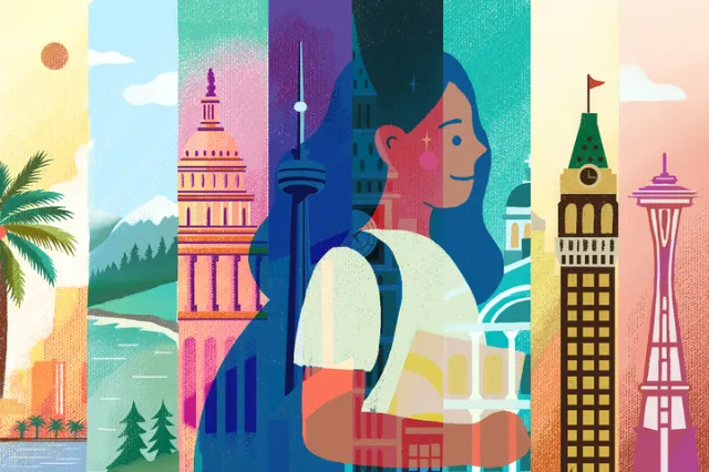 Colorful illustration of a woman with world landmarks by Li Zhang