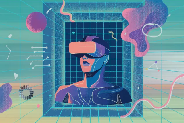 Person wearing a virtual reality headset surrounded by abstract shapes by Li Zhang