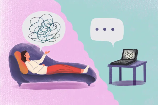 Person lying on couch talking to AI chatbot on laptop by Li Zhang