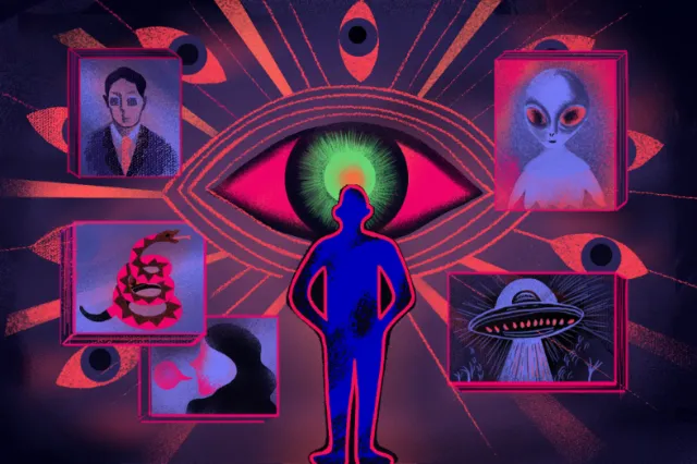 Glowing silhouette in front of a large eye with framed surreal images by Li Zhang