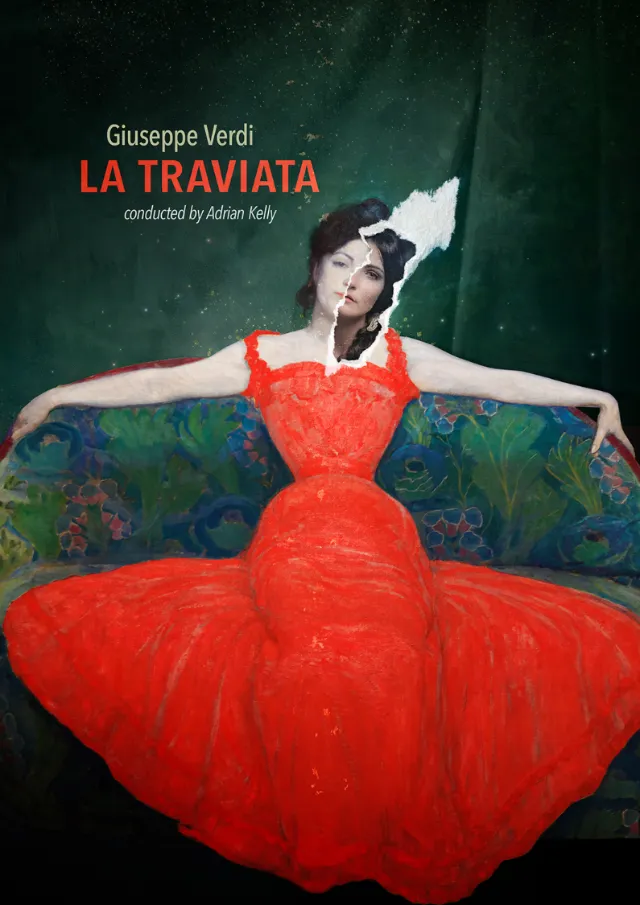 Woman in red dress sitting with arms outstretched, La Traviata cover by Patrick Boyer