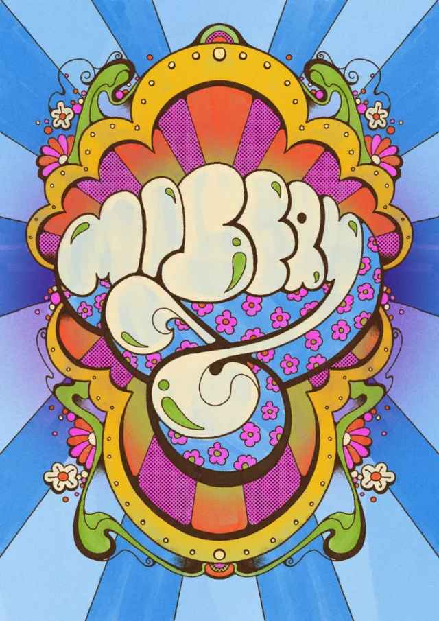 Colorful 1960s style psychedelic Beatles 'Misery' lettering by Laura Greenan