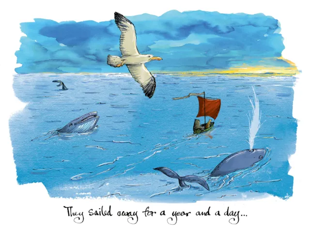 The Owl and the Pussycat sail on a boat with sea creatures below by Sholto Walker