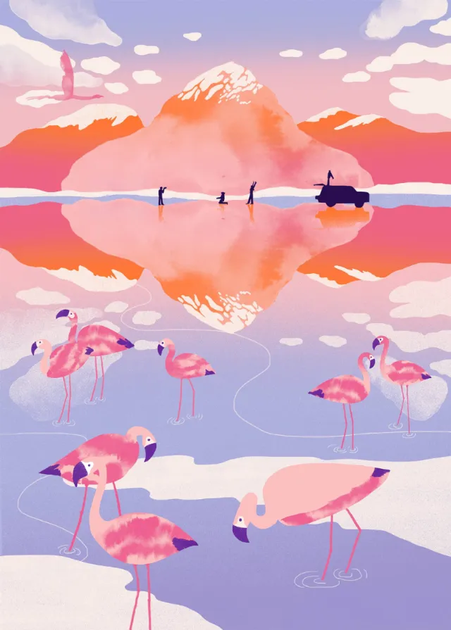 Pink flamingos near a calm mountain lake with reflections by Gina Rosas Moncada