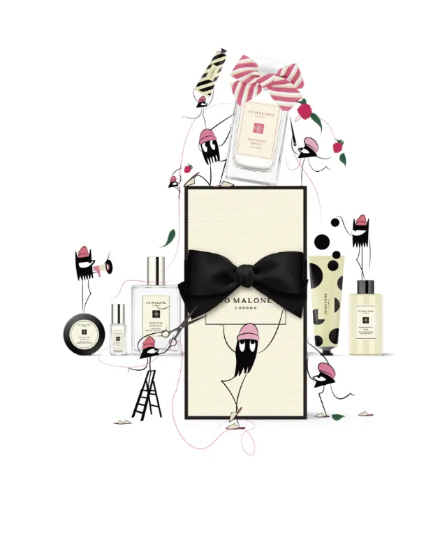 Jo Malone perfume bottles and gift box illustrated by Nadia Flower
