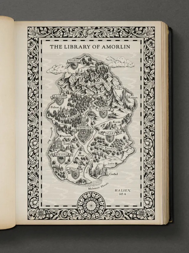 Intricate black and white map titled The Library of Amorlin by Svetlana Molodchenko