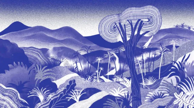 Blue monochrome mountain landscape with trees and plants by Gina Rosas Moncada