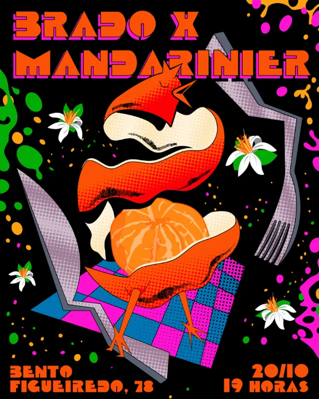 Colorful poster with lips, mandarin fruit, flowers, and text by Mau Cardoso