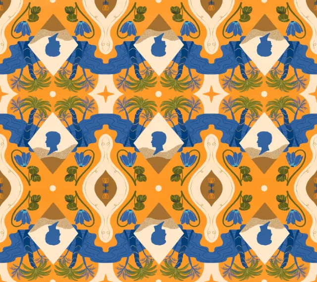 Abstract colorful repeating pattern with blue silhouette profiles by Gina Rosas Moncada