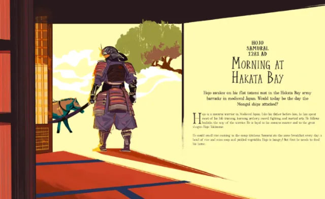 Samurai in armor by tatami door with bay and tree outside by Yuewei Nino Li