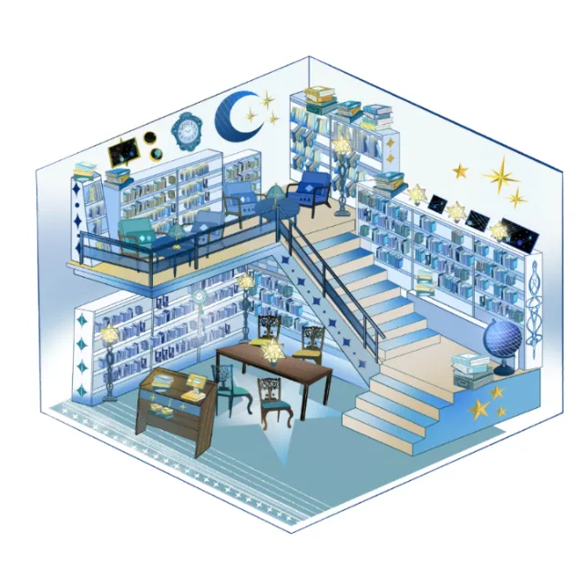 Isometric fantasy library interior with celestial decor and books by Yuewei Nino Li