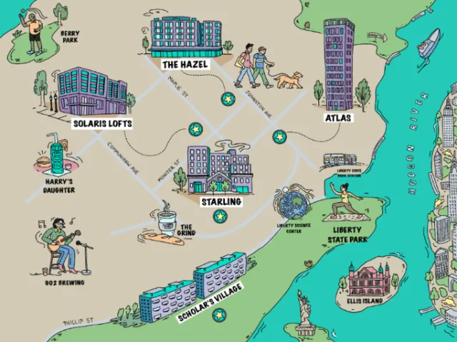 Illustrated map of Jersey City real estate locations by Samantha Silverman