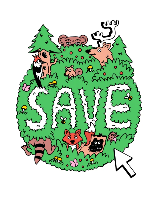 Forest animals in green foliage forming Save text by Veronika Kiriyenko