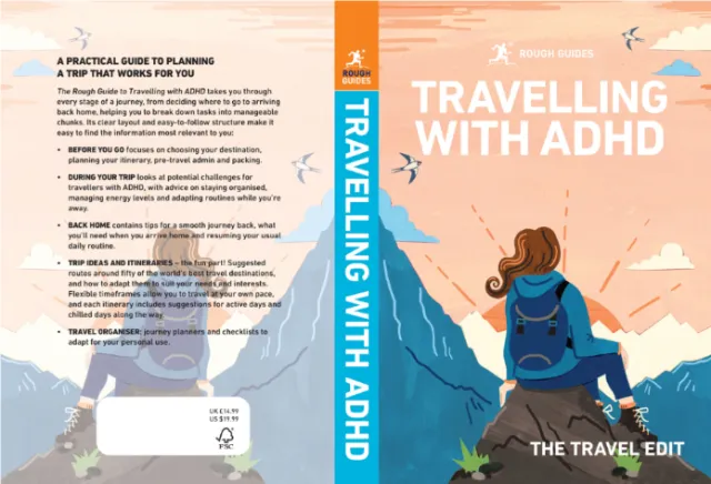 Book cover of a woman hiking in mountains titled Travelling with ADHD by Vicky Scott