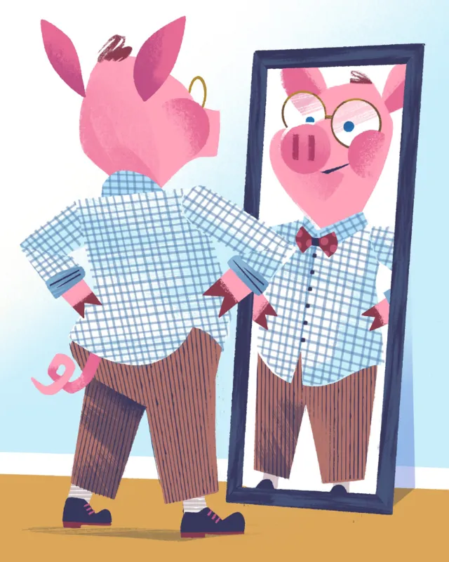 Illustration of pig admiring gingham shirt in mirror by Drew Bardana