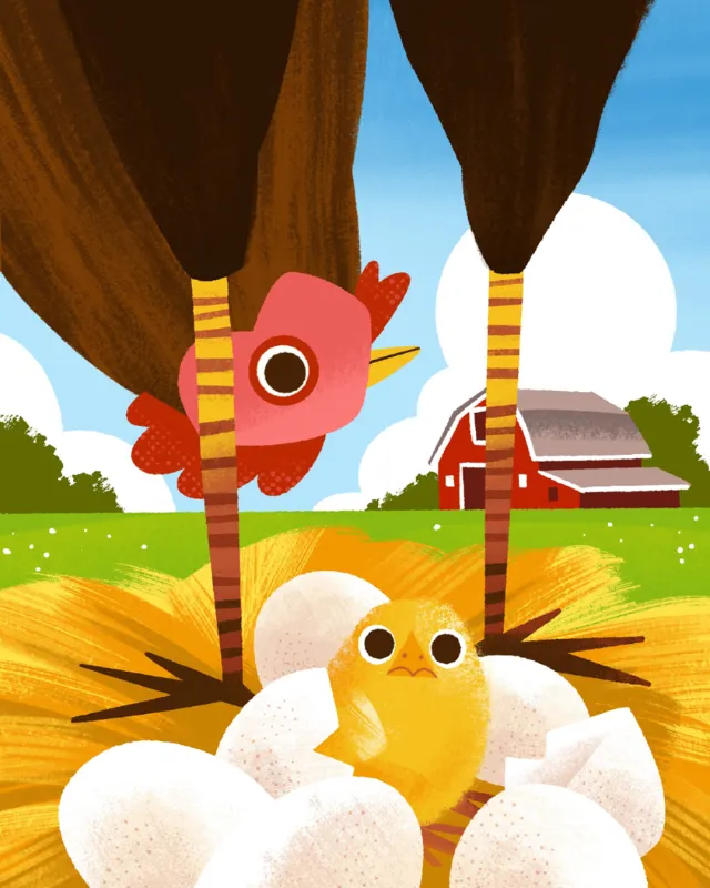 A chick hatching from eggs beneath a hen with a farm background by Drew Bardana