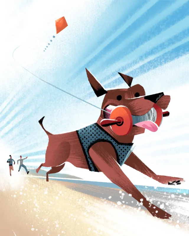 Playful dog joyfully flying a kite on the beach by Drew Bardana