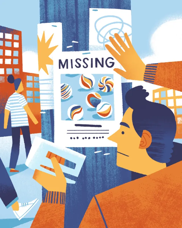 Illustration of man posting missing marbles flyer in city, by Drew Bardana
