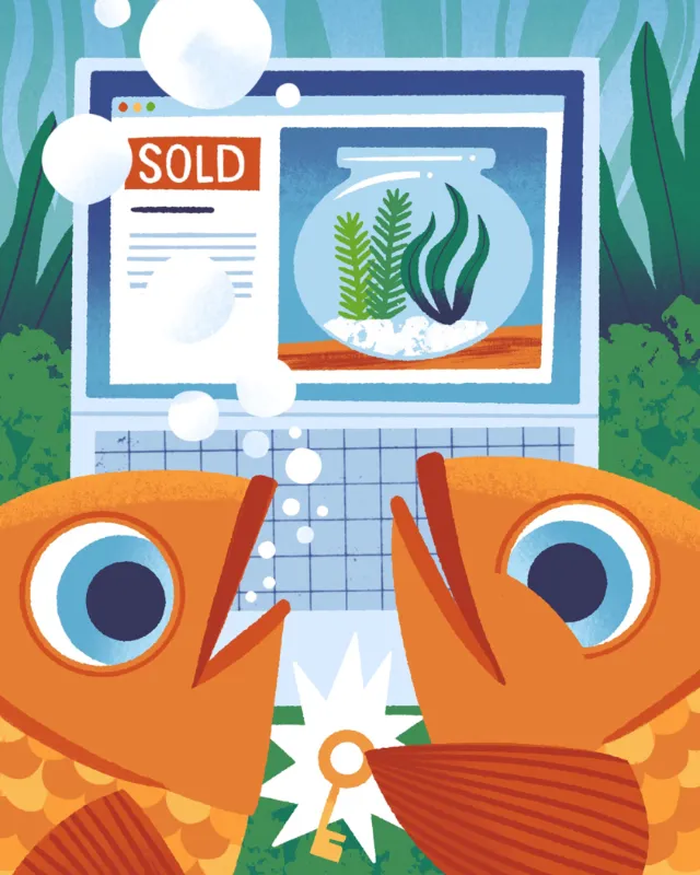 Two orange fish look at computer showing a sold home and fishbowl by Drew Bardana