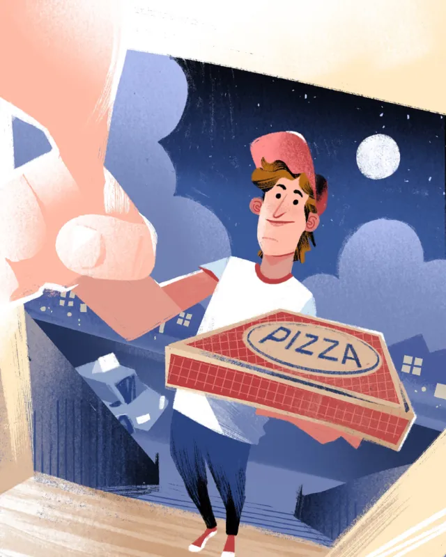 Pizza delivery person holding box at night by Drew Bardana