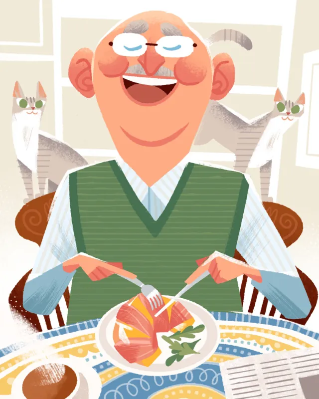 Illustration of happy grandpa eating prosciutto and melon by Drew Bardana