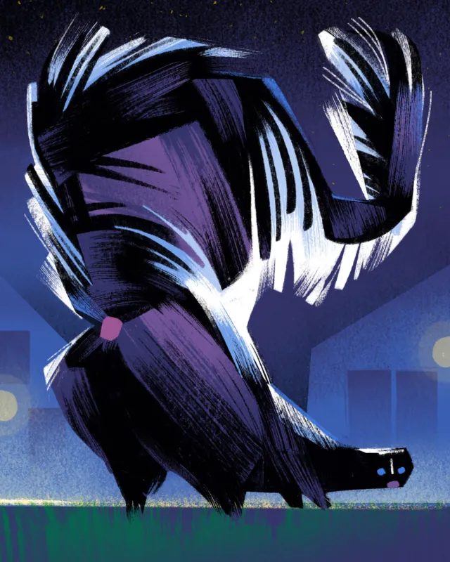 Illustration of a skunk at night in a city by Drew Bardana