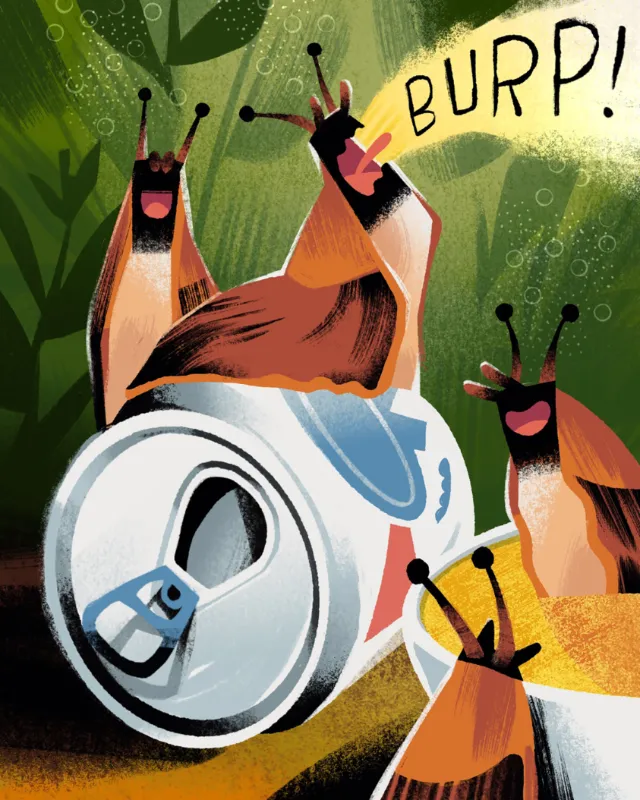 Illustration of cartoon slugs near a soda can burping, by Drew Bardana