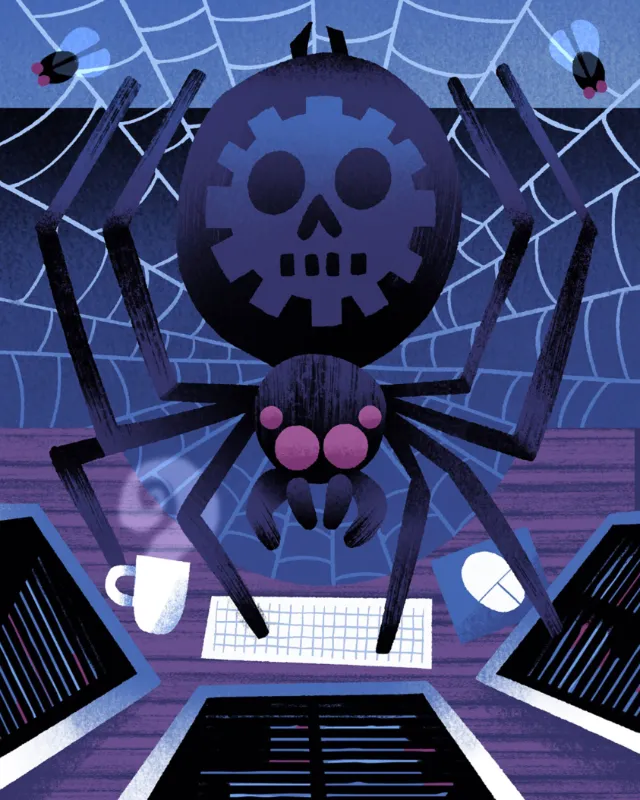 Spooky spider with pink eyes coding at keyboard by Drew Bardana
