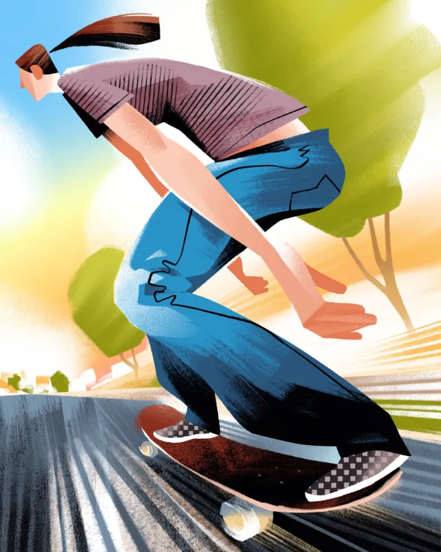 Dynamic skateboarder speeding downhill with trees in background by Drew Bardana