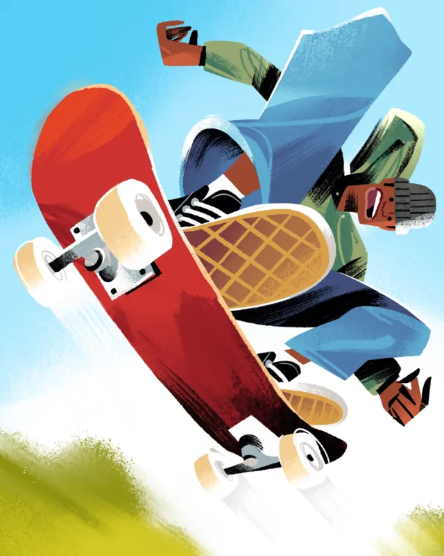Skateboarder doing a high air trick in mid-air, artwork by Drew Bardana