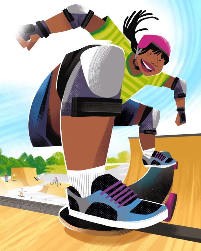 Skateboarder dropping in on half-pipe with knee pads by Drew Bardana