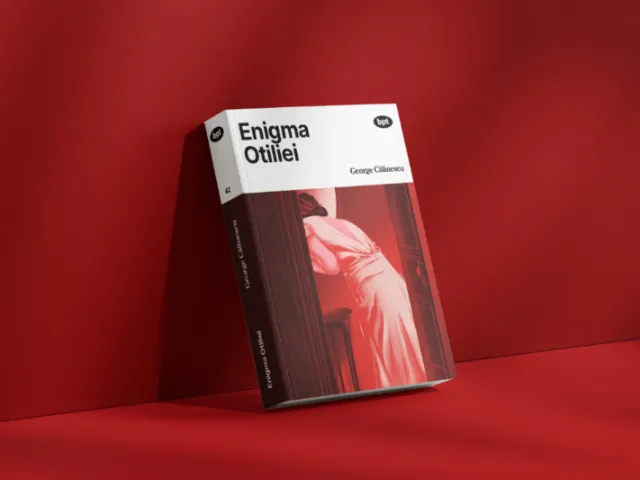 Book cover of Enigma Otiliei by George Calinescu on red background by Andrei Nicolescu