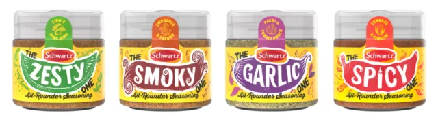 Four tubs of Schwarz All Rounders spice mixes with hand lettering by Becca Thorne