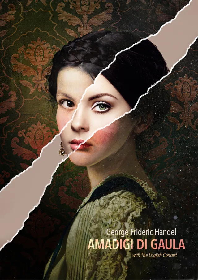 Torn dual-faced woman portrait, surreal opera poster by Patrick Boyer